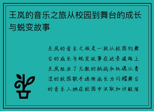 王岚的音乐之旅从校园到舞台的成长与蜕变故事